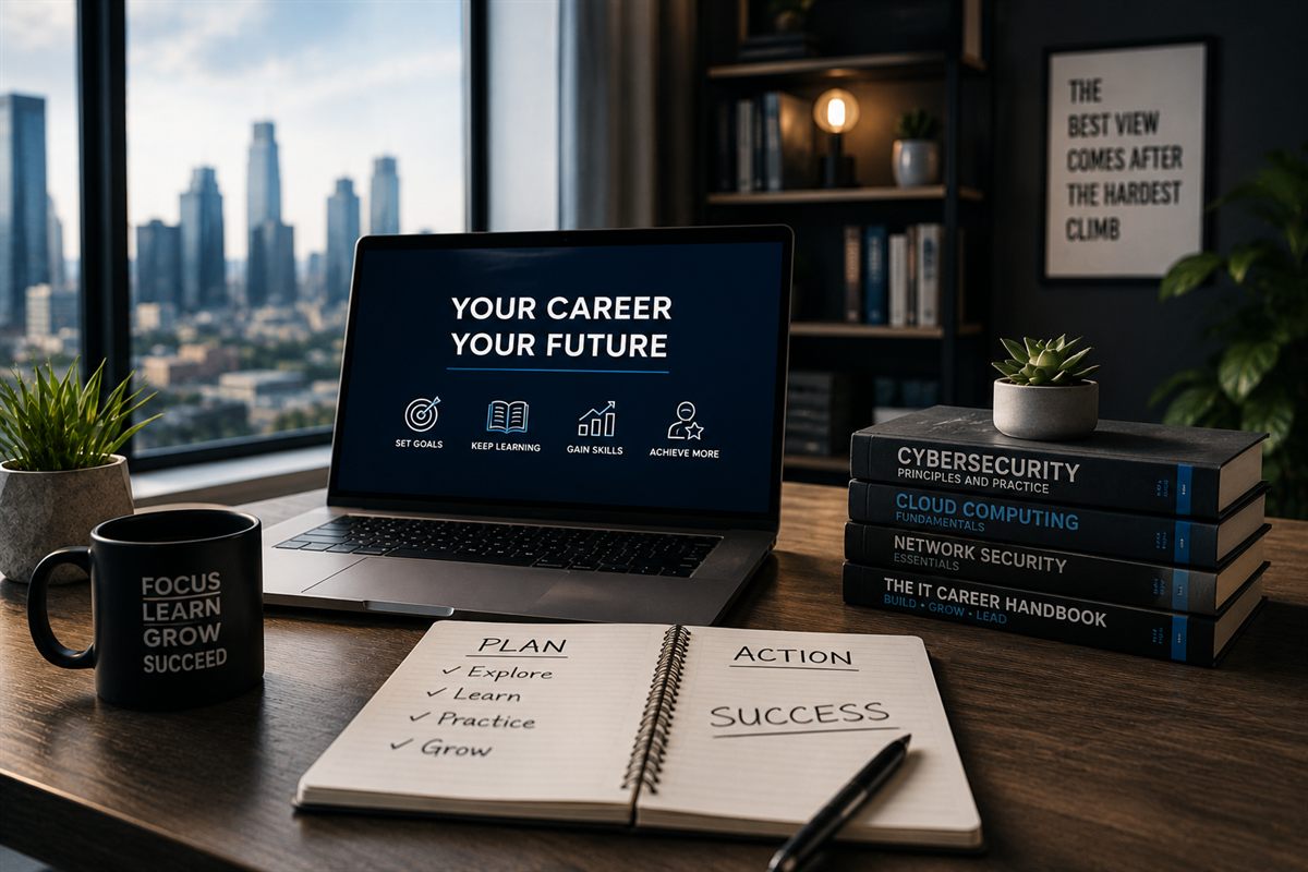 An AI-supported career workspace: laptop showing Learn, Practice, Get Hired and Grow, beside IT career books