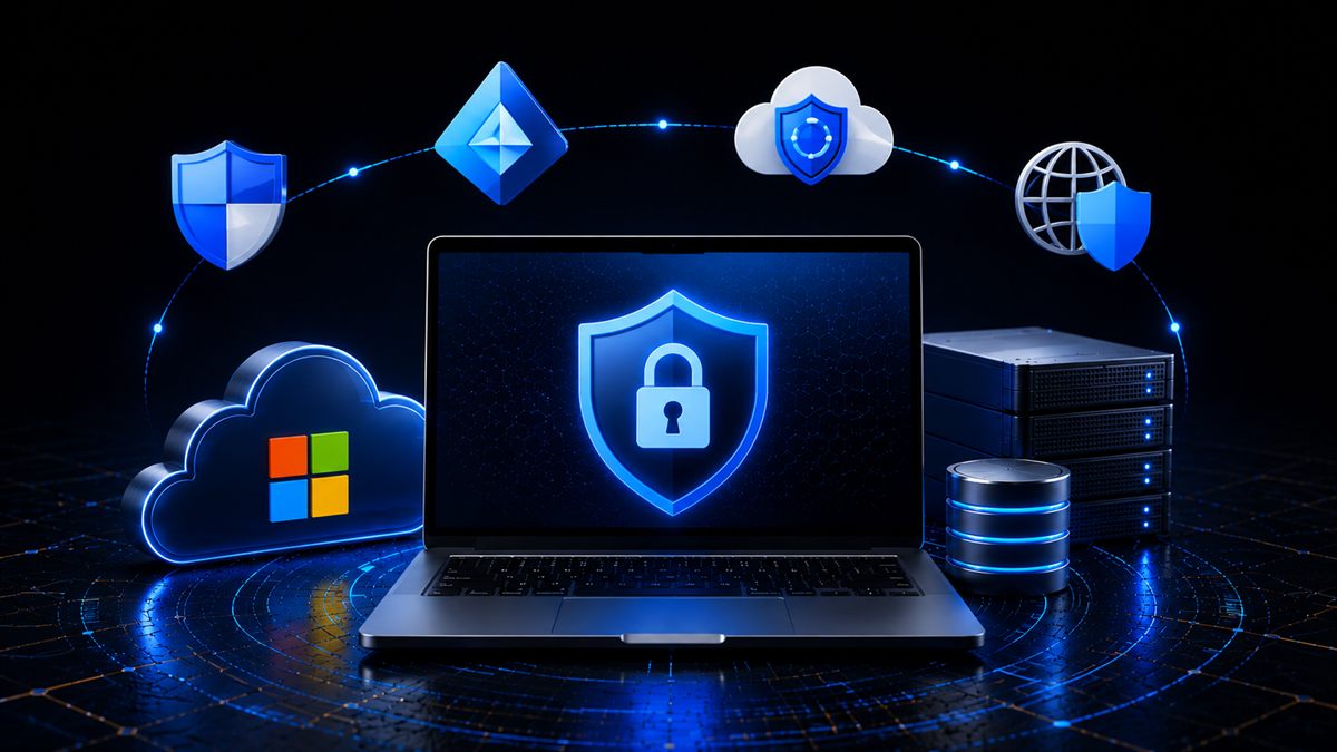 A secured laptop protected by Microsoft identity, cloud, data and device controls