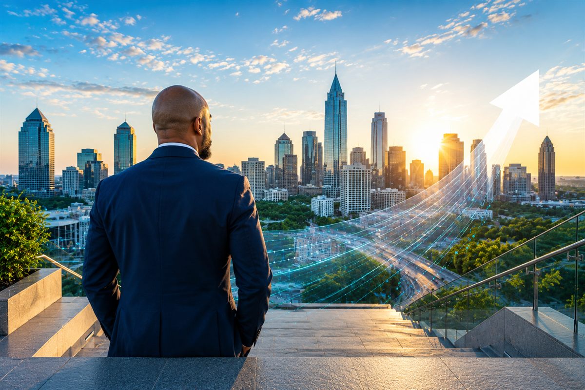 A leader looking over a city skyline at sunrise with a rising data arrow